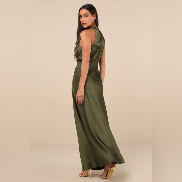 LULU’S Distinctive Charm Olive Green Satin Asymmetrical Maxi Dress - Picture 4 of 6